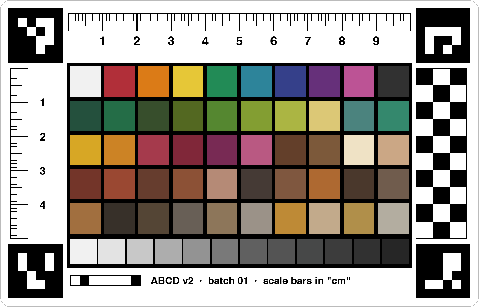 The ABCD v2 calibration card: four black-and-white corner markers, a 10 cm ruler, a 5 cm vertical ruler, a checkerboard strip, five rows of colour chips and a grey ramp.