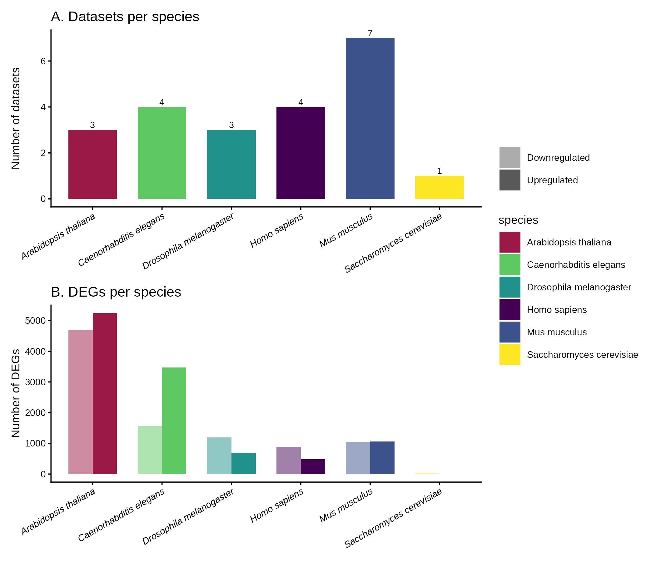 Study overview: OSDR datasets and DEGs per species.