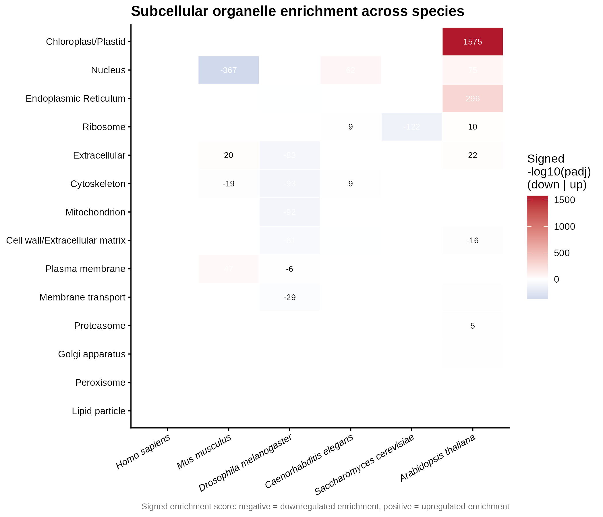 Signed organelle enrichment across species.