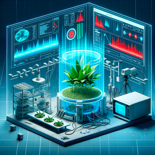 Imagine a 3D holographic screen that displays images of the plants' health, visualized in a hologram that ranges from red to blue, indicating various health levels. The hologram floats in the air, providing a dynamic and interactive way to monitor plant health. This addition helps you imagine how you could bring high-tech and advanced technology to the experimental setup, to emphasize the cutting-edge nature of your research