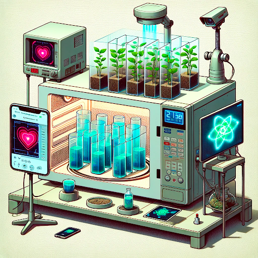 View of the experiment with an additional feature: the plants are now inside cuboid tissue culture tubes. These tubes are placed within the microwave, containing aquatic plants at various stages of growth. Above the microwave, the CCTV cameras observe plant growth, and a cellphone-style touch screen on a stand, all focusing on the plants inside the tubes and bowls. This arrangement highlights a more controlled and scientific approach to plant growth monitoring in a high-tech experimental environment